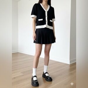 CeCe Short Sleeve Cardigan XL Black White Trim Officecore Minimalist